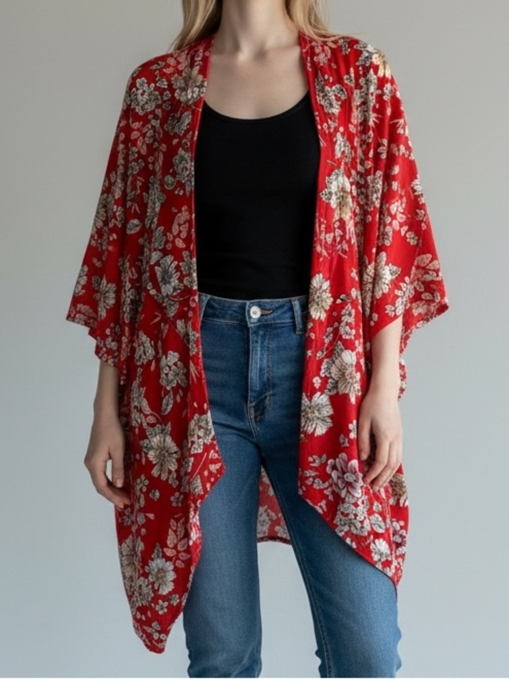 Patrons of Peace Red Floral Kimono Duster Cardigan Cover Up Hawaiian Boho Medium